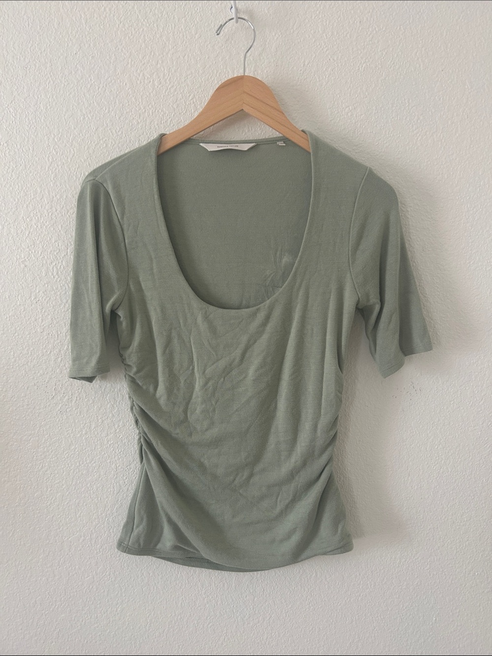 Rebecca Taylor Sage Green Scoop Ruched Short Sleeve Modal Top